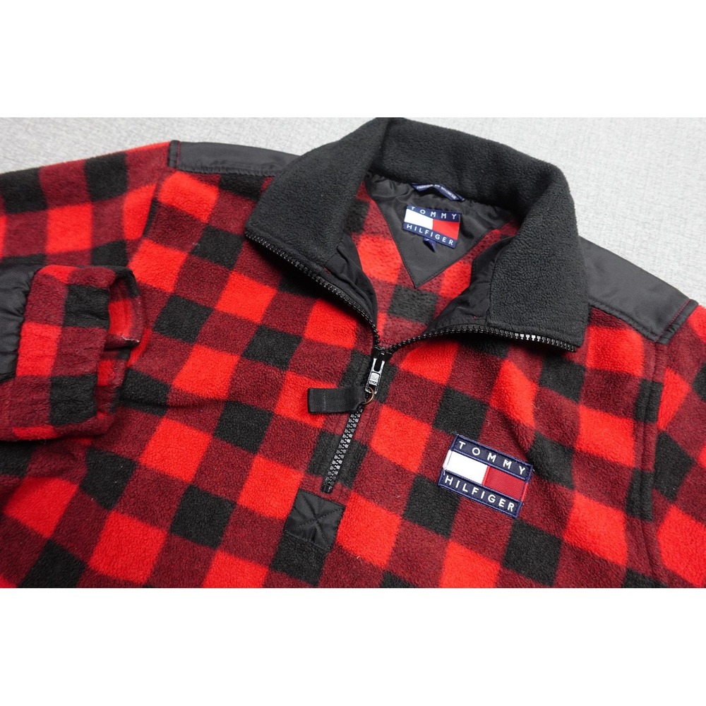 Vintage Tommy Hilfiger Jacket Mens Small Red Plaid Fleece Quarter Zip Pullover